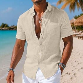 Men Linen Shirt Summer Shirt Beach Wear Button Up Shirt Plain Casual Vacation Black White Navy Blue Sky Blue Short Sleeve Turndown Summer Clothing Apparel Pock