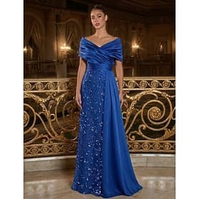 A-Line Floor Length Ball Gown with Cape Evening Gown Elegant Silky Empire Waist Evening Short Sleeve Off Shoulder Wedding Formal Satin Sequined Cowl Back with