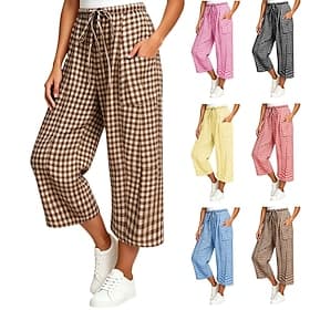 Women's Culottes Wide Leg Chinos Elegant Active Vacation Ankle-Length Medium Waist Plaid Drawstring Patchwork Pocket Inelastic Casual Daily Home Blue Light Yel