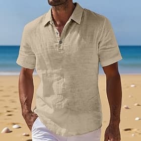 Men Shirt Linen Shirt Popover Shirt Summer Shirt Beach Wear Plain Casual Vacation Black Khaki Gray Short Sleeve Shirt Collar Summer Spring Clothing Apparel