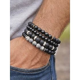 Men's Natural Stone Bracelet Set 4PCS, Layered Black  Grey Beaded Bracelets, Lava Stone and Matte Finish Beads, Summer Casual Jewelry for Vacation, Travel, Bea