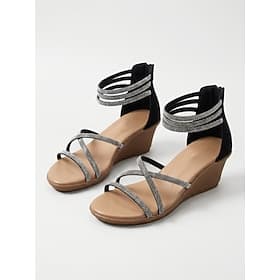 Sandales compensées noires à strass pour femmes, ornées de brides croisées – sandales d'été confortables à plateforme avec fermeture éclair à l'arrière, idéale