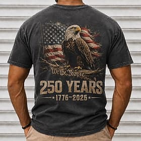 T-shirt à manches courtes, col rond, aigle et drapeau américain, 100 % coton, délavage à l'acide, pour homme, 4 juillet 2026. Collection printemps-été. thumbnail 2