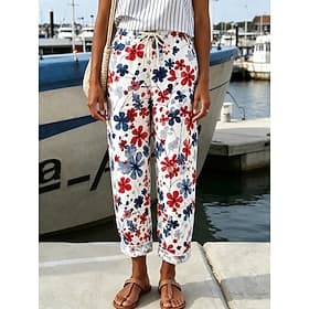 Femmes Chinos Vacances ancien Occasionnel Longueur complète Taille moyenne Fleuri Graphique Cordon de serrage Patchwork Avec Poches Confort Doux Extérieur Non