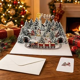 Carte de Noël 3D en relief, grande scène de village d'hiver avec train à vapeur traîneau du Père Noël, carte de vœux de Noël faite main pour les enfants Carte-