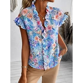 Femmes Chemise Tunique A Volants Fleuri Graphique Élégant Mode Quotidien Manche Courte Col en V Hauts Réguliers Occasionnel Quotidien Bleu Blanche Vert Été Pri
