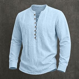 Men Linen Shirt Popover Shirt Summer Shirt Casual Shirt Plain Casual Daily White Black Navy Blue Sky Blue Long Sleeve Stand Collar Summer Spring Clothing Appar
