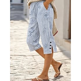 Femmes Pantalon capri Vacances ancien Longueur mollet Taille Moyenne Graphique Rayure Imprimé Confort Respirant Non Elastique Quotidien Extérieur Vacances Bleu