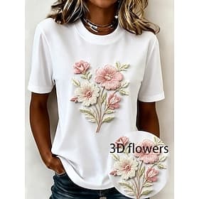 Women's Summer Tops Embroidered Floral Plants Elegant Casual Short Sleeve Crew Neck Regular Tops Casual Going out Weekend White Summer Spring