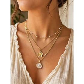 Women's 3PCS Layered Necklace Set, Gold Alloy  Faux Pearl Triple Strand Necklace with Flower and Shell Pendant, Elegant Summer Vacation Jewelry Gift