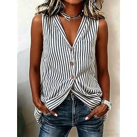 Femmes Chemise Chemisier Avec Poches Imprimé Rayé Vacances Mode Occasionnel Sans manches Col en V Hauts Longs Occasionnel Jaune Bleu Ciel Vert Rose rouge Grise