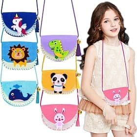 Kit de bricolage en feutrine (lot de 4 ou 9) pour enfants: porte-monnaie animaux faits main avec pompons et clochettes, kit de couture dinosaure, licorne, lio