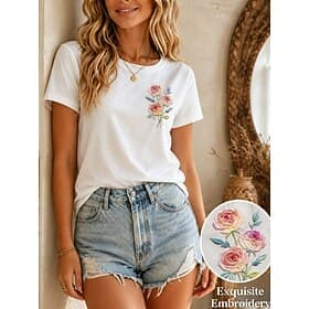 Femmes 100% Coton T-shirt T-shirt brodé Fleuri Graphique ancien Élégant Occasionnel Manche Courte Col ras du cou Hauts Réguliers Occasionnel Quotidien Week-end thumbnail 2