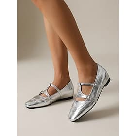 Ballerines Mary Jane argentées métallisées pour femmes - chaussures brogues à bout carré et double bride pour un style streetwear quotidien vêtements de bureau