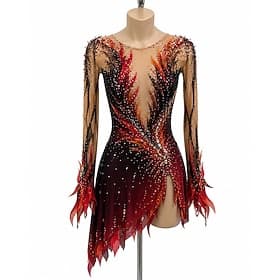 Robe de patinage artistique Femmes Patinage Robe Noir Rouge Patchwork Ourlet asymétrique Élastique Entraînement Compétition Tenue de Patinage Classique cristal