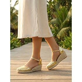 Women's Metallic Gold Espadrille Wedge Sandals - Shiny Leather Ankle Strap Platform Summer Shoes for Outdoor Vacation, Resort  Cruise