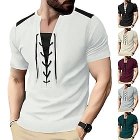 Men's T Shirt Waffle Henley Shirt Short Sleeve Solid Casual Daily Drawstring Henley Casual Streetwear Summer Spring Black Gray Burgundy Henley T-Shirt