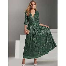 Ligne A Longueur cheville Longueur thé Robe en Dentelle Robes de Cocktail Élégant Scintillant Floral Manche 3/4 Col en V Soirée Mariage Pailleté avec Paillette