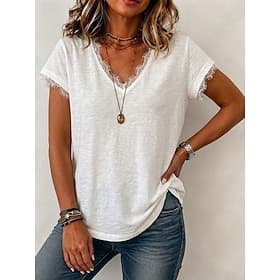 Femmes T-shirt Dentelle Patchwork Couleur Unie Élégant Manche Courte Col en V Hauts Réguliers Occasionnel Blanche Été Printemps