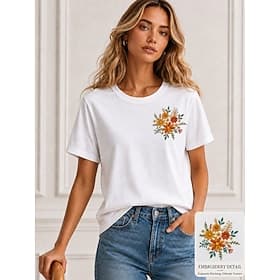 Femmes 100% Coton T-shirt brodé Fleuri Graphique ancien Élégant Occasionnel Manche Courte Col ras du cou Hauts Réguliers Occasionnel Quotidien Week-end Blanche thumbnail 2