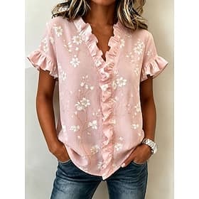 Femmes Tunique A Volants Fleuri Graphique Élégant Mode Quotidien Manche Courte Col en V Hauts Réguliers Occasionnel Quotidien Jaune Rose Claire Vert Été Printe