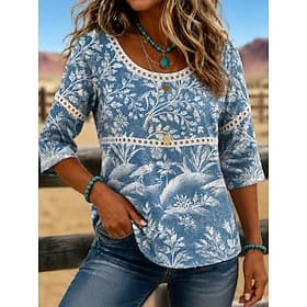 Femmes Chemise A Ombre Fleuri Graphique Bohème Vacances Quotidien Manche 3/4 Col ras du cou Col Rond Hauts Longs Occasionnel Bleu Blanche Violet Été Printemps