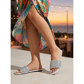 Women's Silver Glitter Slide Sandals - Sparkling Open Toe Flat Slippers for Beach Resort Vacation  Evening Party