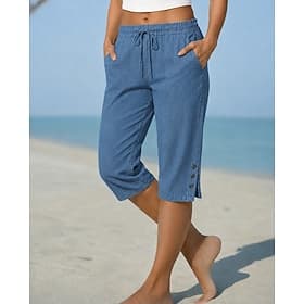 Femmes Jeans Denim Pantalon capri Chinos Vacances Basique Occasionnel Longueur Genou Taille Moyenne Uni Avec Poches Taille Élastique Confort Respirant Quotidie