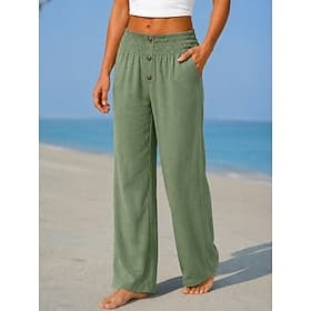 Women's Wide Leg Linen Pants Chinos Summer Pants Vacation Streetwear Basic Full Length Medium Waist Plain Pocket Elastic Waist Comfy Comfort Micro-elastic Outd