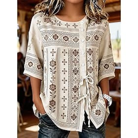 Women's Blouse Buttons Print Graphic Geometric Bohemia Vacation Vintage 3/4 Length Sleeve Crew Neck Regular Tops Casual Blue Pink Beige Summer Spring