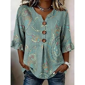 Women's Shirt Buttons Print Floral Graphic Paisley Vintage Stylish 3/4 Length Sleeve V Neck Long Tops Casual Daily Holiday Green Summer Spring