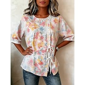 Women's Blouse Drawstring Buttons Floral Graphic Elegant Bohemia Vintage 3/4 Length Sleeve Crew Neck Regular Tops Casual Pink Summer Spring