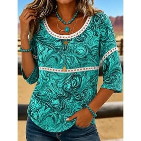 Femmes Chemise Paisley Bohème Vacances Quotidien Col ras du cou Col Rond Hauts Réguliers Occasionnel Vert Été Printemps