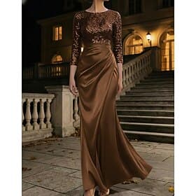 Mermaid Trumpet Floor Length Evening Gown Elegant Glittering Celebrity Style 3/4 Length Sleeve Crew Neck Wedding Formal Satin Sequined with Glitter Pleats