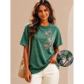 Femmes 100% Coton T-shirt brodé Graphique Papillon ancien Classique Occasionnel Manche Courte Col ras du cou Hauts Réguliers Occasionnel Quotidien Week-end Ver