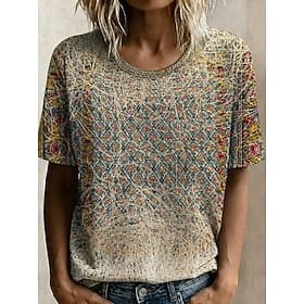 Femmes T-shirt Imprimé Graphique Géométrique Rayé ancien Élégant Classique Manche Courte Col ras du cou Col rond Hauts Longs Occasionnel Quotidien Marron Été P