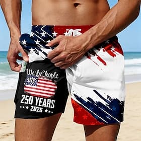 4th of July 2026 250th Men's American US Flag 1776 Lined Shorts 2 in 1 Board Shorts Swim Shorts Mid Waist Patriotic Daily Outdoor Festival Side Pockets With Co thumbnail 3