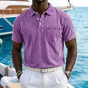 Homme Polo Chemise 100% coton délavée à l'acide Occasionnel Fête Revers Manche Courte Mode Basique Uni Vintage Affligé Été Printemps Toutes saisons Coupe régul
