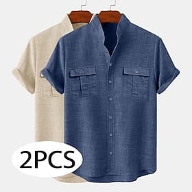 Men Linen Shirt Summer Shirt Band Collar Shirt Button Up Shirt Plain Casual Vacation KhakiBlack GreenKhaki BlueKhaki KhakiNavy Blue Short Sleeve Stand Collar S