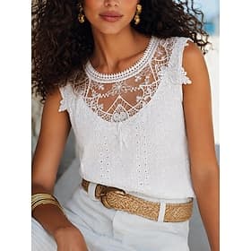 Women's Tank Top Lace Patchwork Plain Elegant Fashion Stylish Sleeveless Crew Neck Regular Tops Casual Daily Beach White Summer Spring