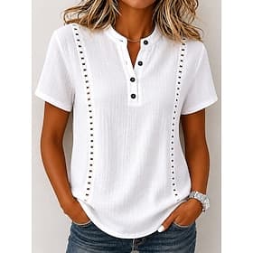 Chemisier femme 100% coton, bordure en dentelle, couleur unie, style vintage élégant, manches courtes, col henry, coupe classique, décontracté, bleu, jaune, ét