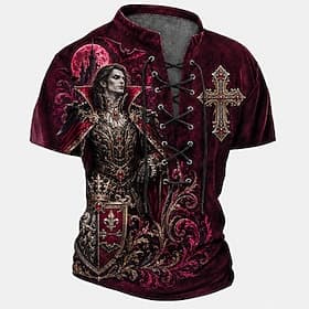 Homme Croix Chemise Henley T-shirt Manche Courte T-shirt Impression 3D Col à lacets Henley Chemise Religieux Sombre Quotidien Festival Rouge Violet rouge 2 Pri