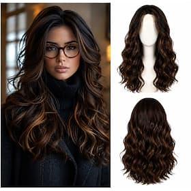 Highlight Ombre Brown Layered Wavy Wig With Curtain Bangs for Women Synthetic Dark Brown Highlight Wig Long Curly Natural Body Wave for Daily Party Use 24inch