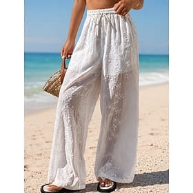 Femmes Jambe large Chinos Vacances Longueur complète Taille haute Fleuri Cordon de serrage Texture Respirant Vacances Blanche Été Printemps Coupe Ample