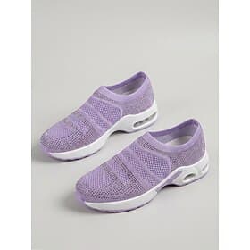Women's Purple Rhinestone Knit Slip-On Walking Sneakers – Breathable Air Cushion Sport Shoes with Lightweight Shock Absorbing Sole for Travel, Fitness and Ever
