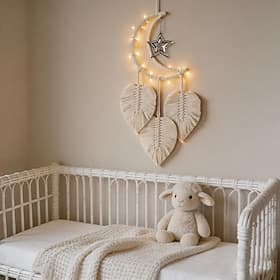 Boho Woven Wall Hanging Tapestry, Handwoven Cotton Rope Wall Decor with Moon Star and Leaf Design, Beige Macrame Wall Art with Iron Ring for Bedroom, Living Ro