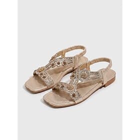 Women's Boho Rhinestone T-Strap Flat Sandals - Metallic Gold Crystal Jeweled Shoes for Summer Poolside Party, Beach Club  Resort