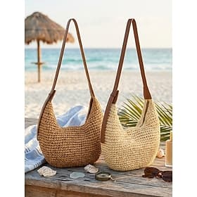 Women's Woven Hobo Shoulder Bag Large Capacity Straw Handbag, Ivory  Khaki Crochet Tote Purse, Lightweight Summer Beach Vacation Travel Bag for Resort, Shoppin