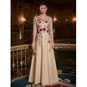 A-Line Floor Length Evening Gown Elegant Vintage Floral 3/4 Length Sleeve Boat Neck Garden Party Wedding Satin Tulle with Embroidered Flower Pleats Embroidery