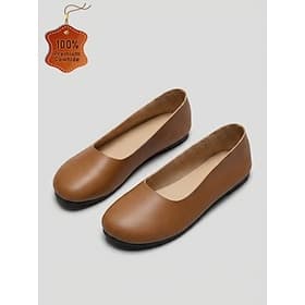 Women's Camel Premium Leather Flats - Minimalist Handcrafted Comfort Shoes with Classic Round-Toe Design, Slip-On Shoes for Casual Wear, Office, Travel and Eve